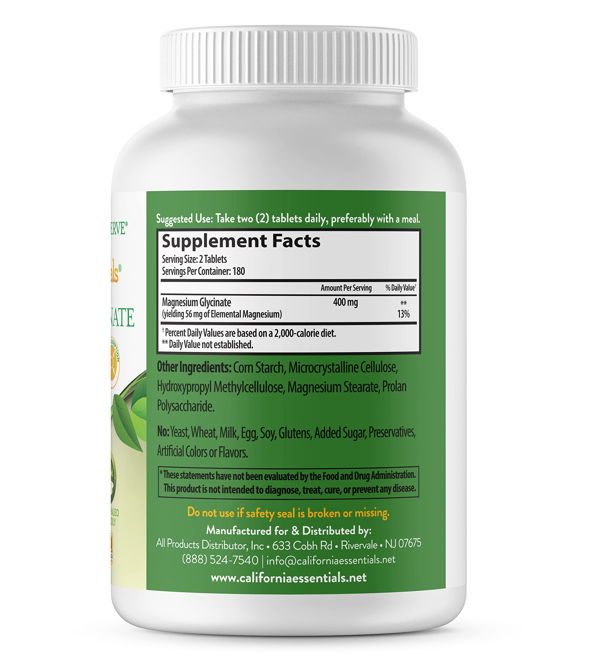 California Essentials Magnesium Glycinate 400 label shows vegan and non-GMO.
