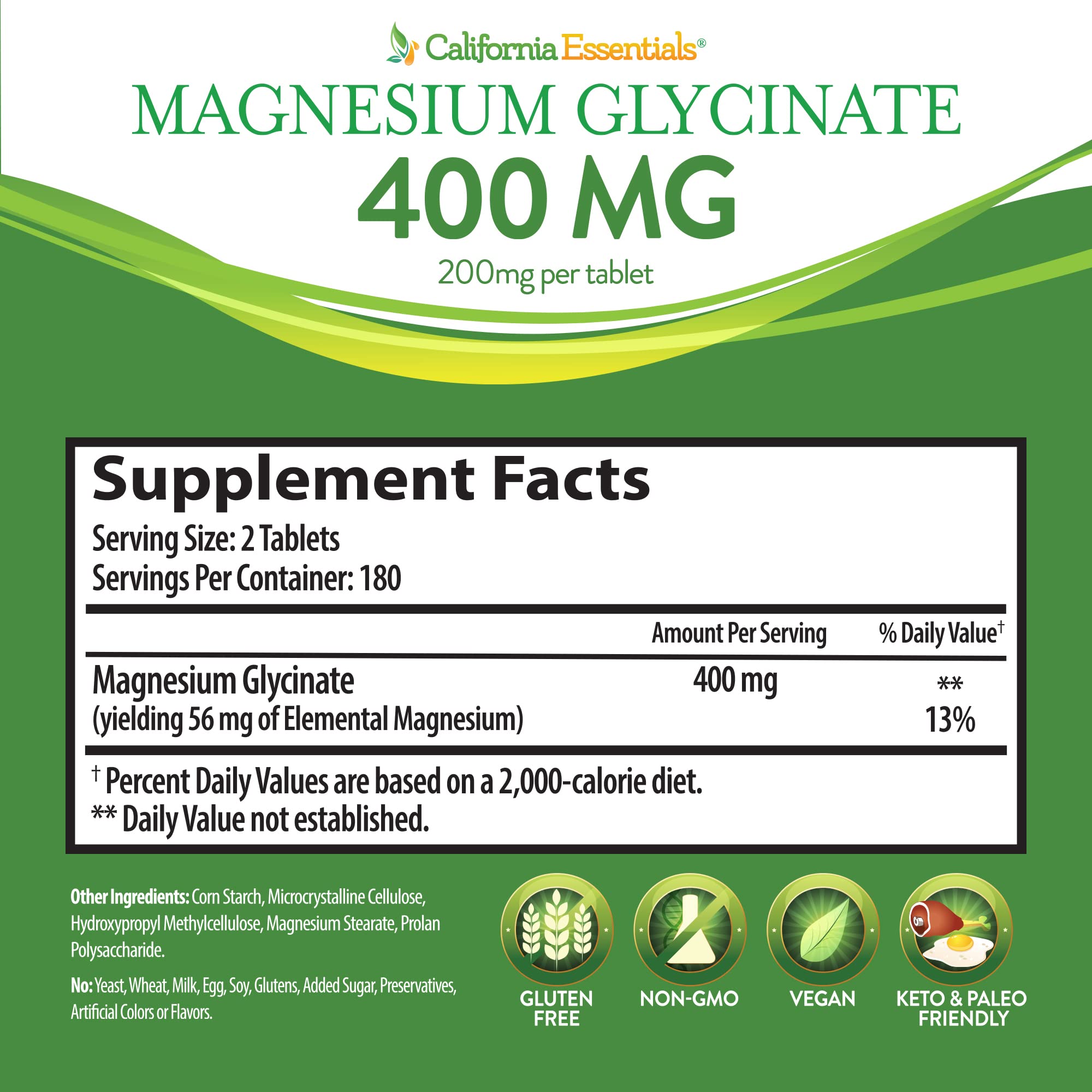 California Essentials Magnesium Glycinate 400 packaging highlights gluten-free and dairy-free.