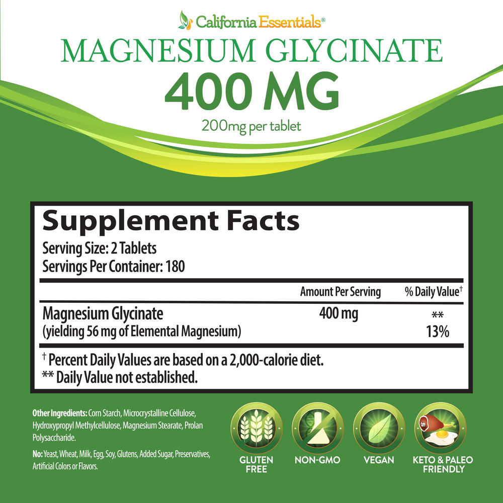 California Essentials Magnesium Glycinate 400 packaging highlights gluten-free and dairy-free.