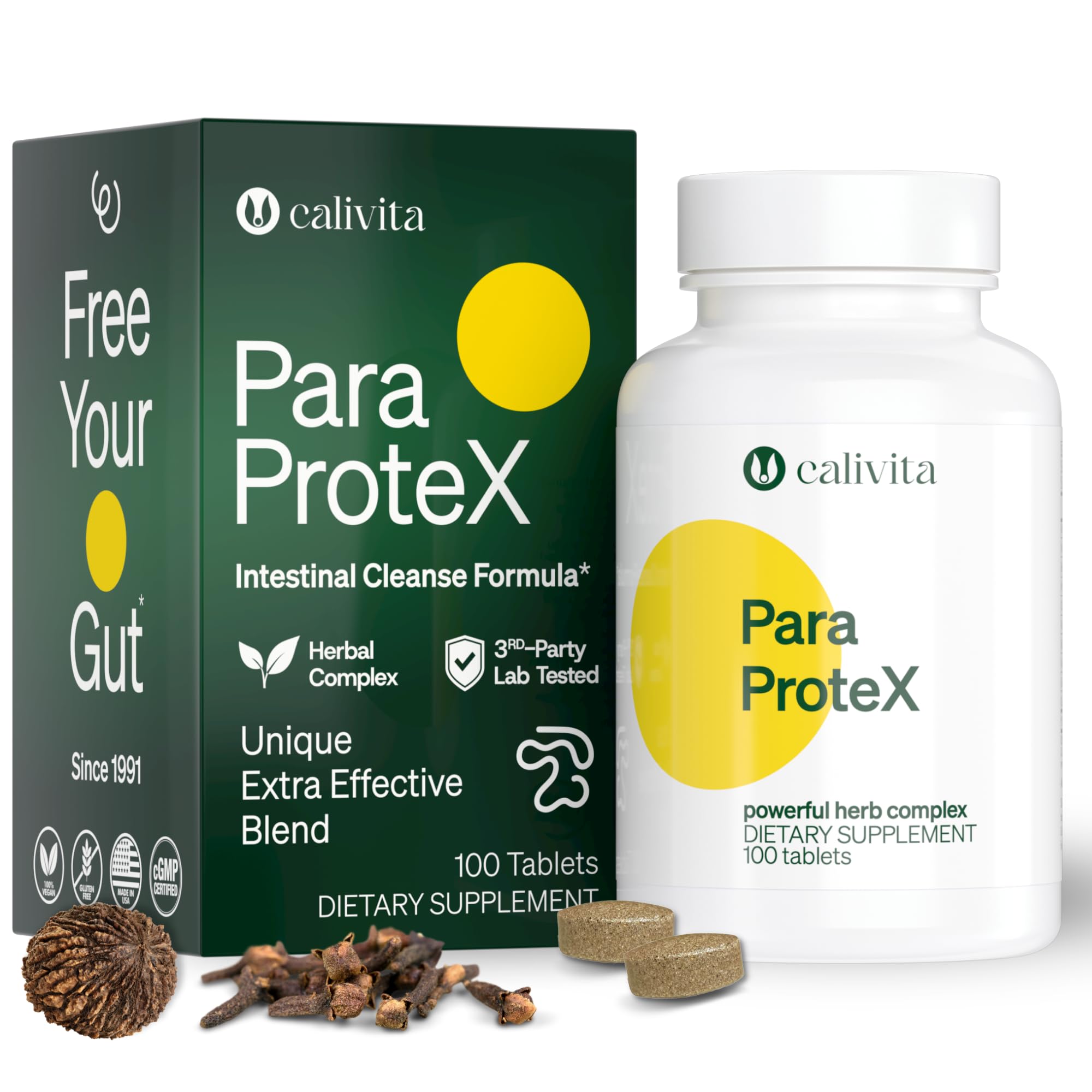Calivita ParaProteX bottle front showing the herbal blend for gut support
