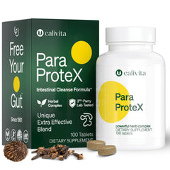 Calivita ParaProteX bottle front showing the herbal blend for gut support