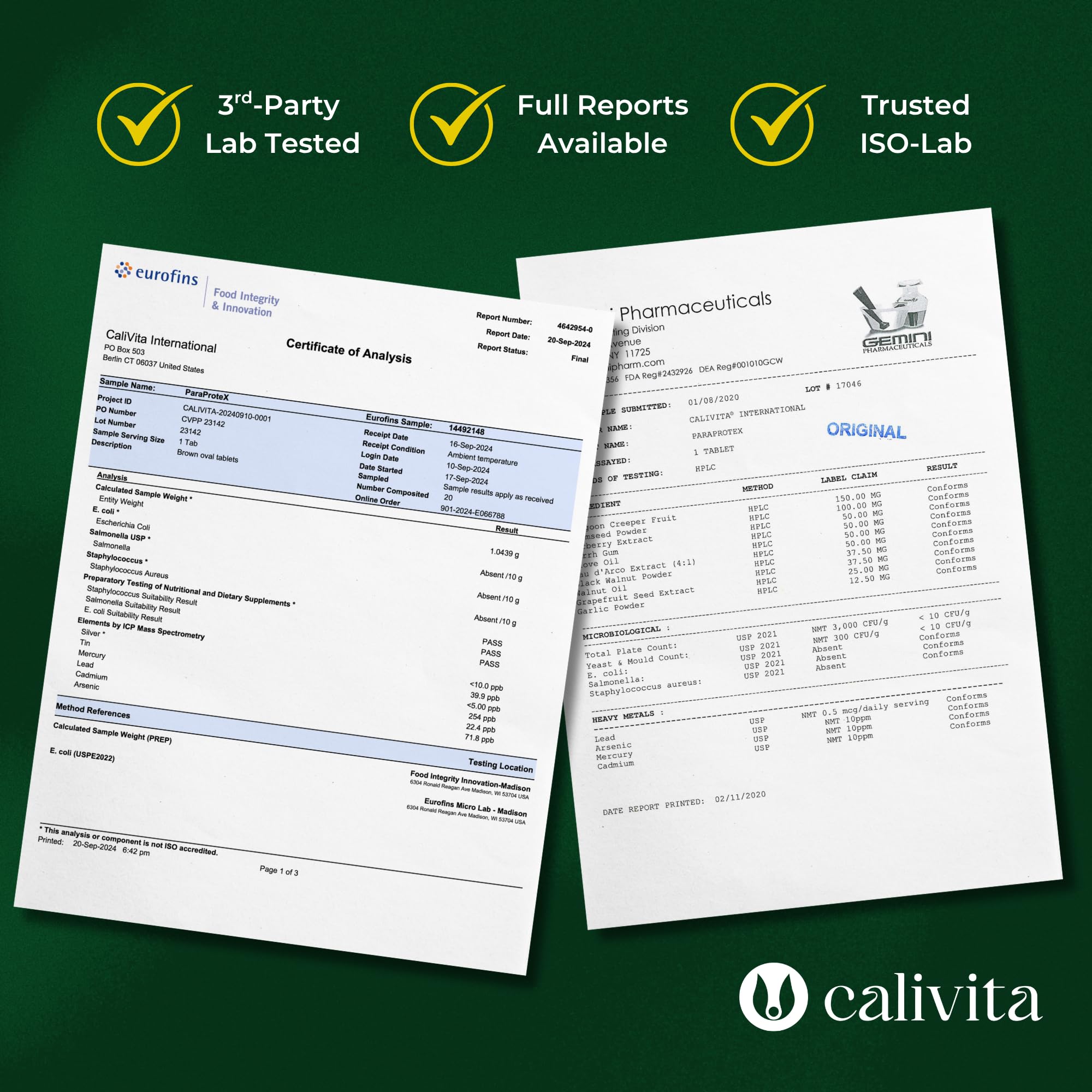 Calivita ParaProteX ingredients list emphasizing vegan formula