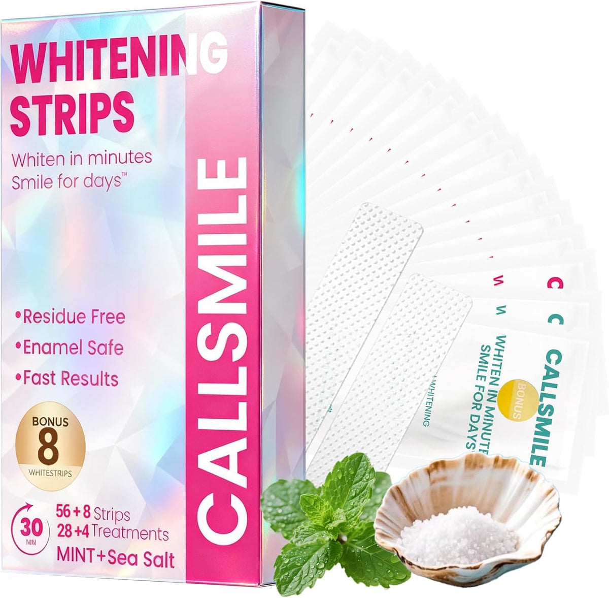 Callsmile Teeth Whitening Strips Box Closeup showing an easy at-home whitening option