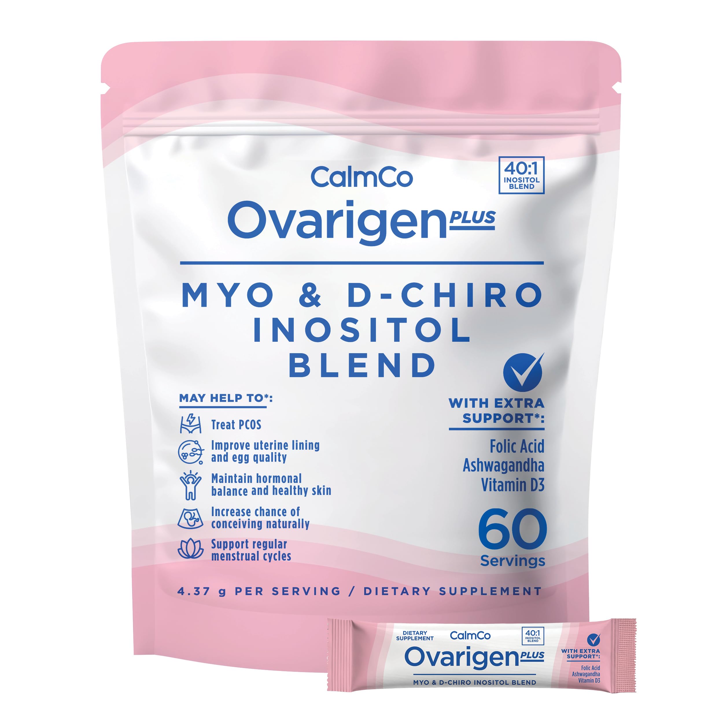 CalmCo Ovarigen Plus tub close-up shows a clean, additive-free daily formula