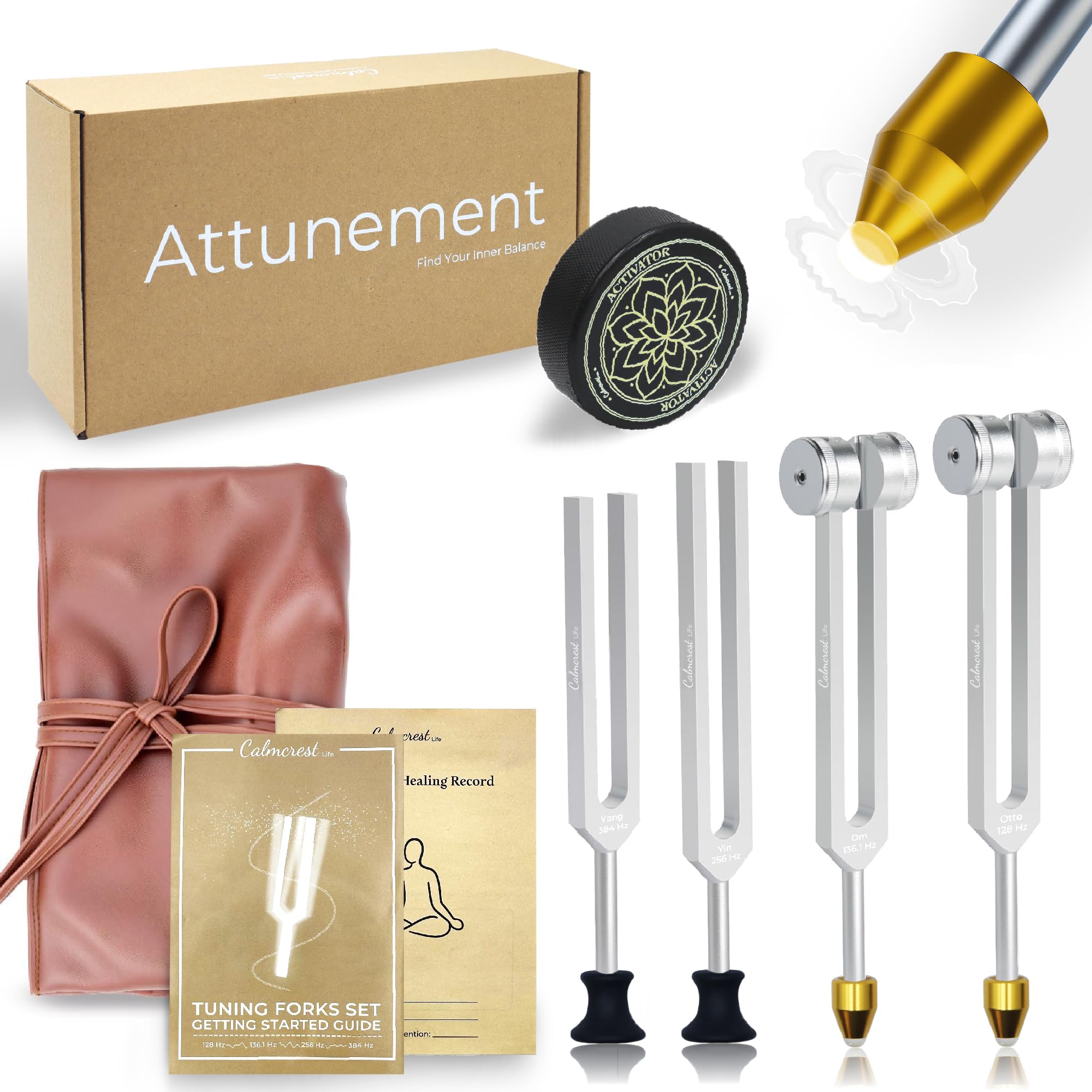 CALMCREST 128 Hz tuning fork with crystal base for balanced meditation.