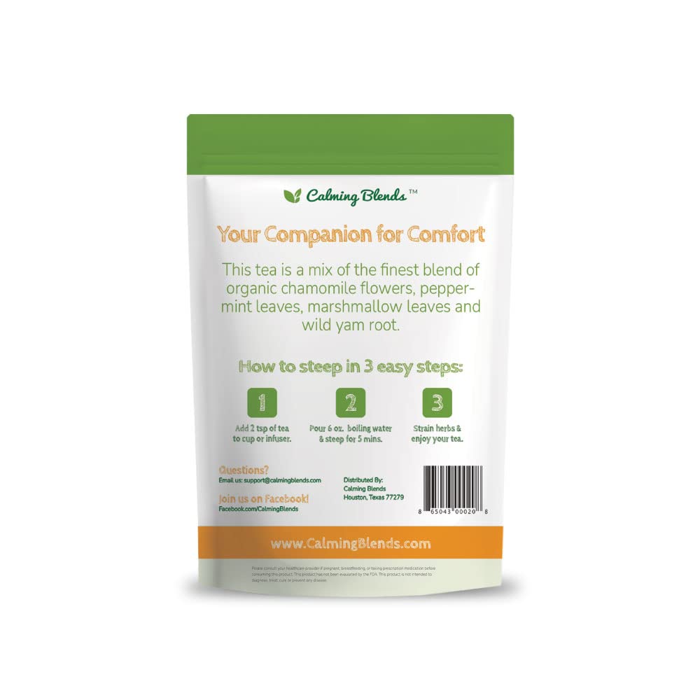 CALMING BLENDS diverticulitis tea bag closeup highlights natural ingredients for gentle digestion.