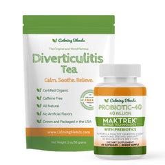 CALMING BLENDS diverticulitis tea cup steaming shows soothing aroma for daily digestion support.