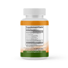 CALMING BLENDS label and ingredients closeup highlights gluten-free, clean formula.
