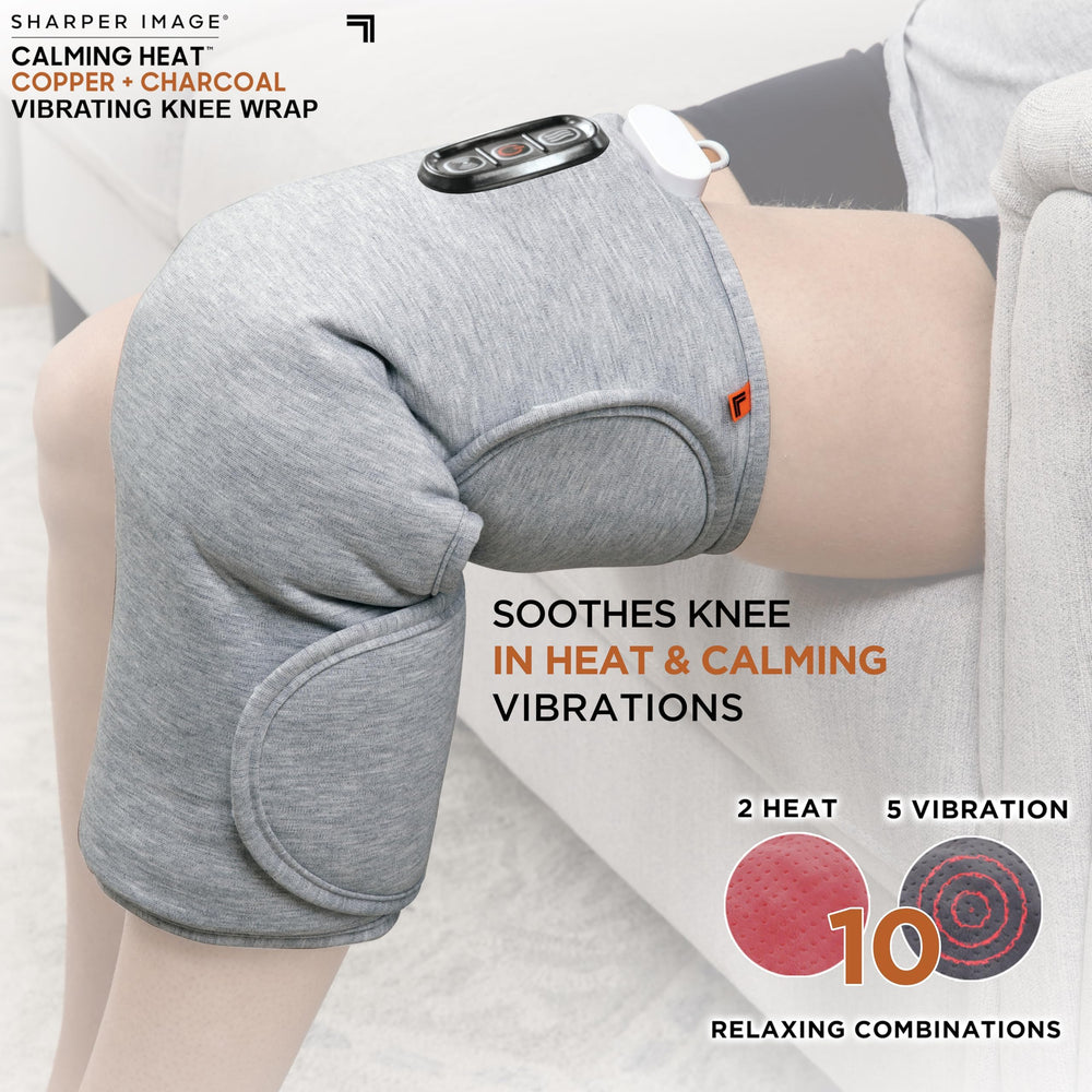 Calming Comfort Calming Heat Knee Wrap wrapped around the leg for even warmth