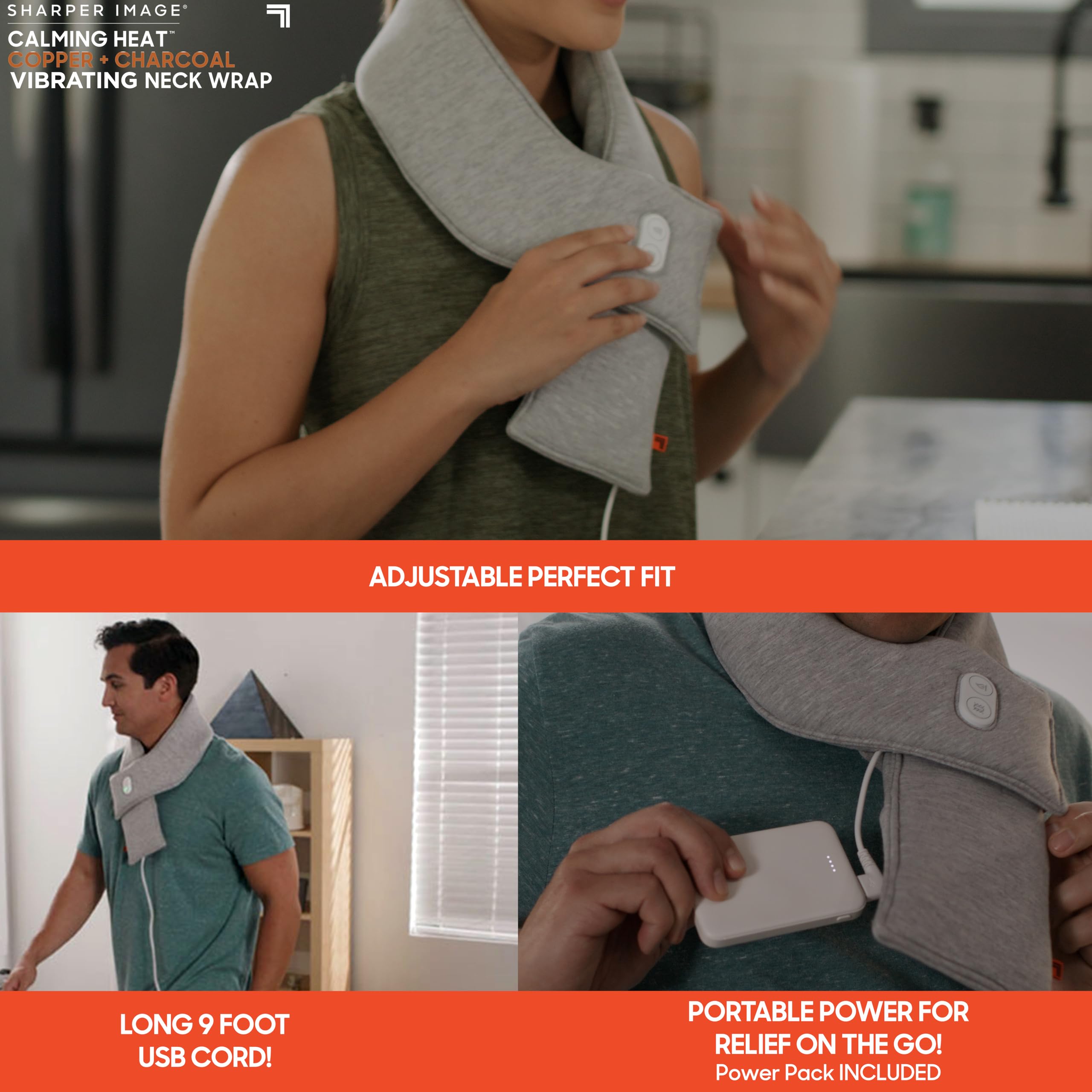 Calming Comfort neck wrap in use with power pack for portable comfort