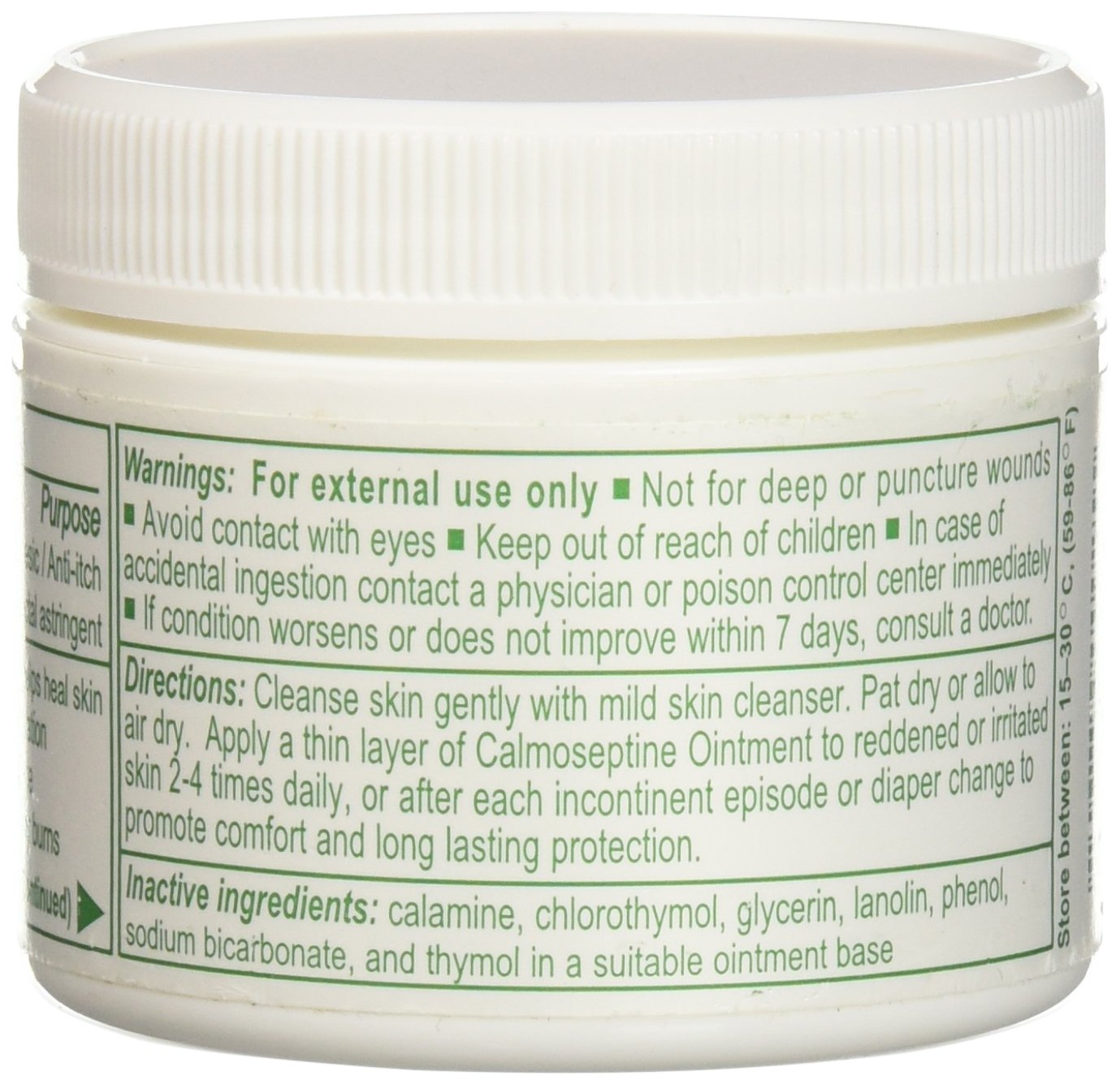 Calmoseptine barrier-ointment jar close-up highlighting active ingredients.