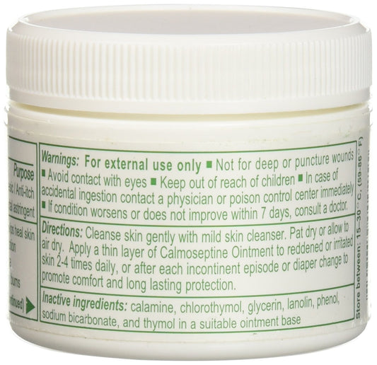 Calmoseptine barrier-ointment jar close-up highlighting active ingredients.