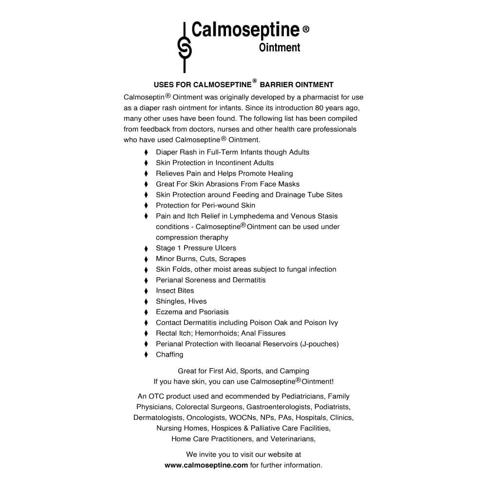 Calmoseptine used for diaper-area care to shield skin from moisture.