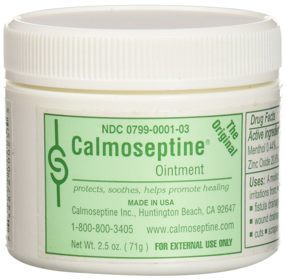 Calmoseptine diaper rash ointment jar provides moisture barrier protection.