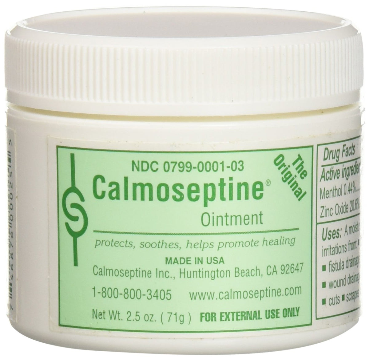 Calmoseptine diaper rash ointment jar provides moisture barrier protection.