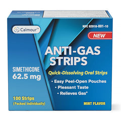 CALMOUR anti gas relief strips pack with mint flavor, no water needed.