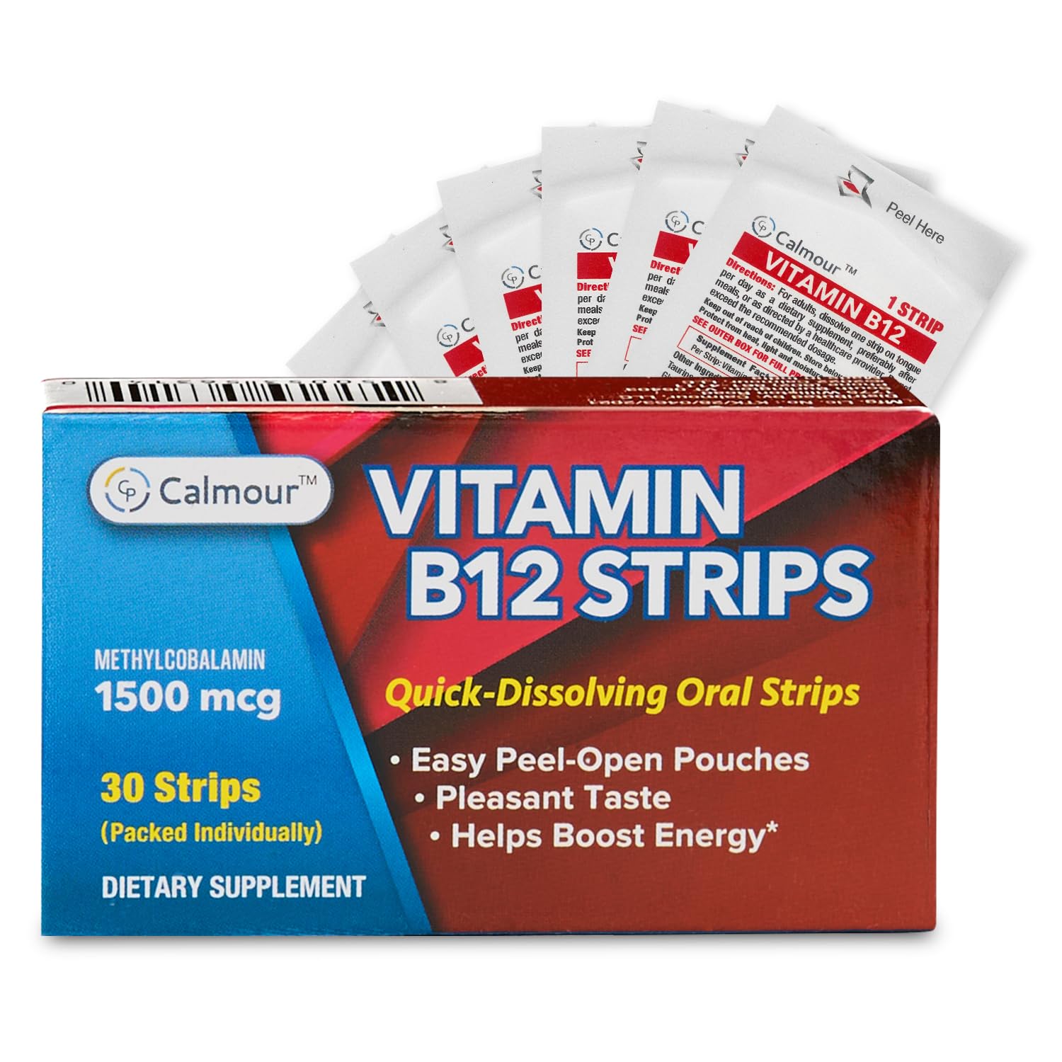 CALMOUR Vitamin B12 Strips mint melt on tongue for quick energy support