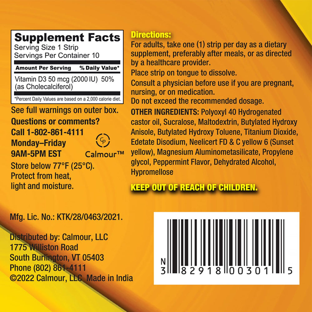 Close-up of the 2000 IU per strip nutrition panel on CALMOUR D3.