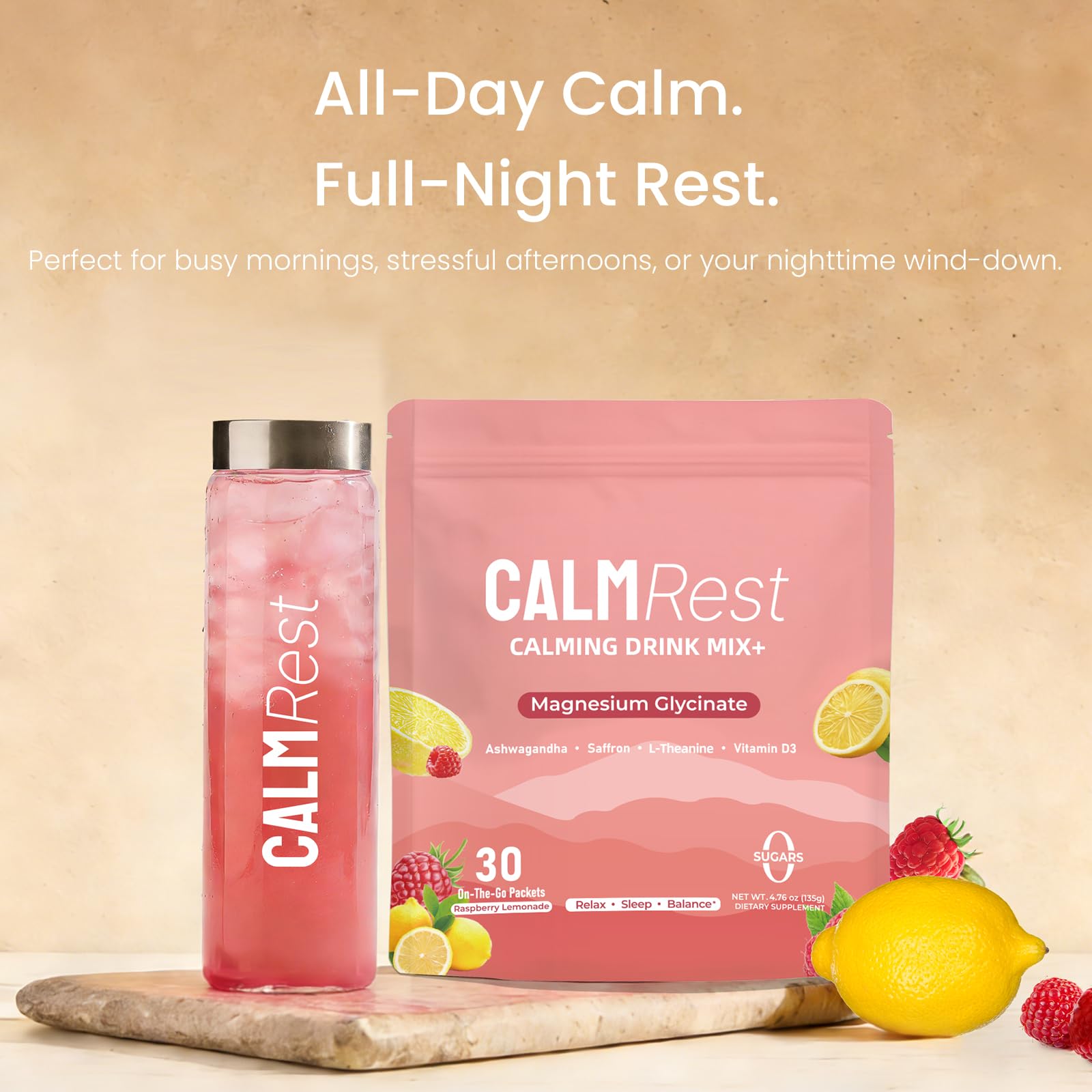 CalmRest night-time relaxation glass prepared for restful evenings.