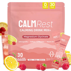CalmRest Raspberry Lemonade powder packet shown for a calming daily ritual.