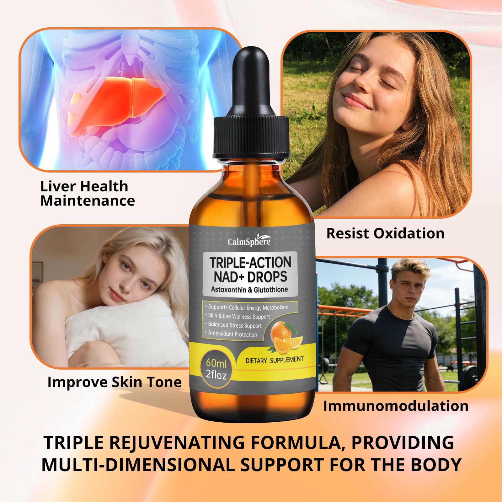 CalmSphere Ashwagandha drops bottle demonstrating stress resilience and mental calm potential.