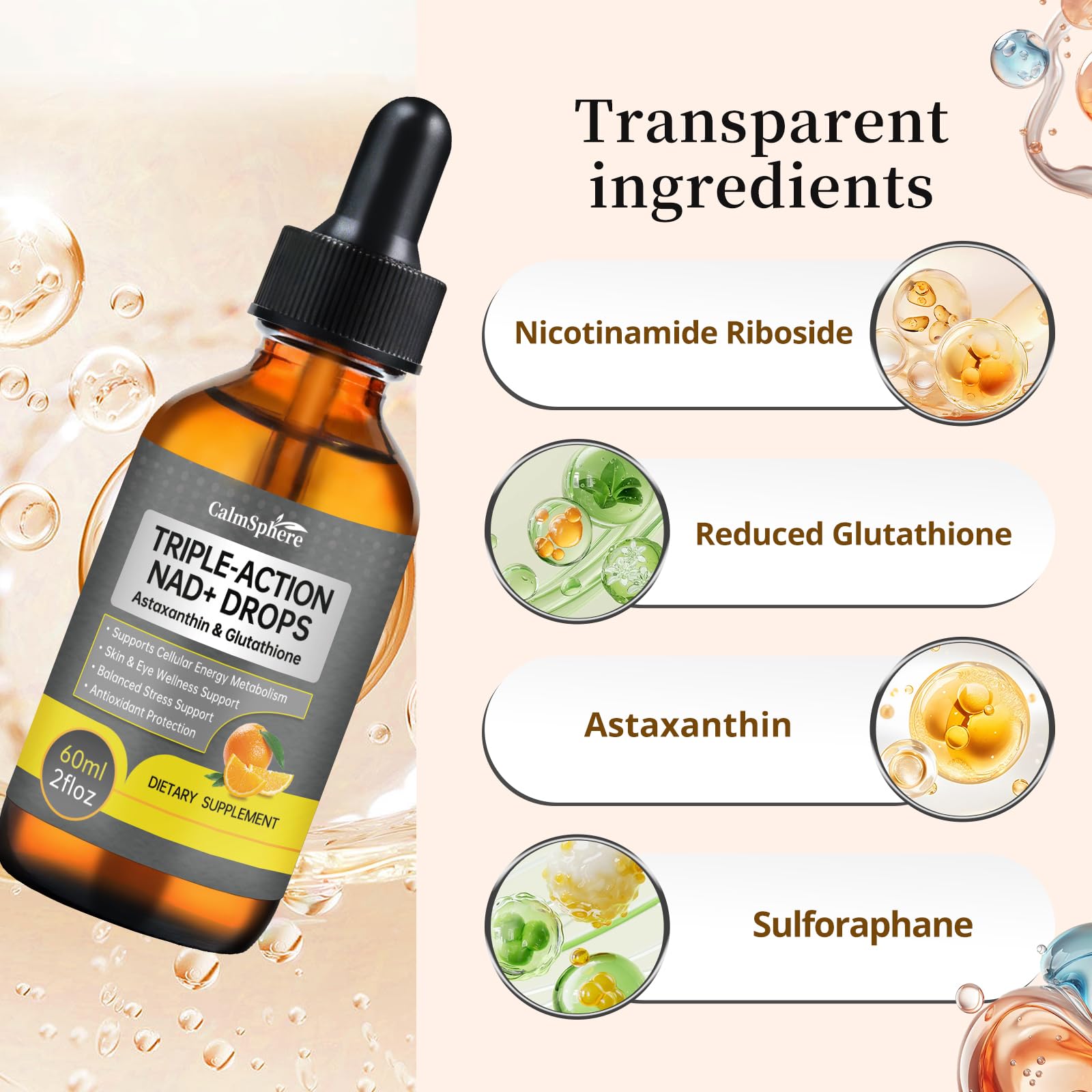 CalmSphere astaxanthin and glutathione bottle highlighting antioxidant duo for skin and eye wellness.