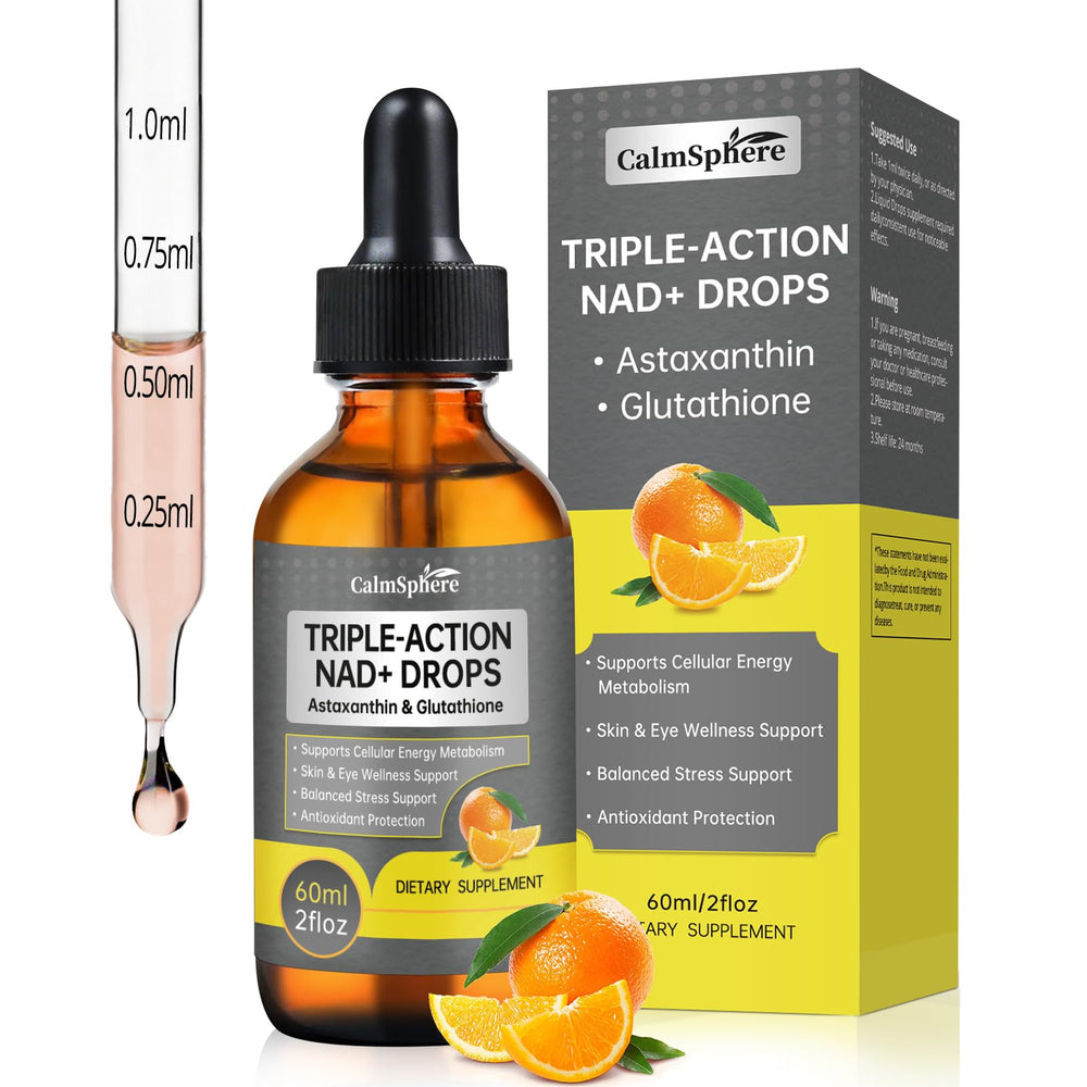 CalmSphere liposomal NAD+ triple-action bottle pour showing precise dosing for daily energy support.
