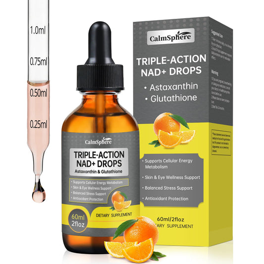 CalmSphere liposomal NAD+ triple-action bottle pour showing precise dosing for daily energy support.