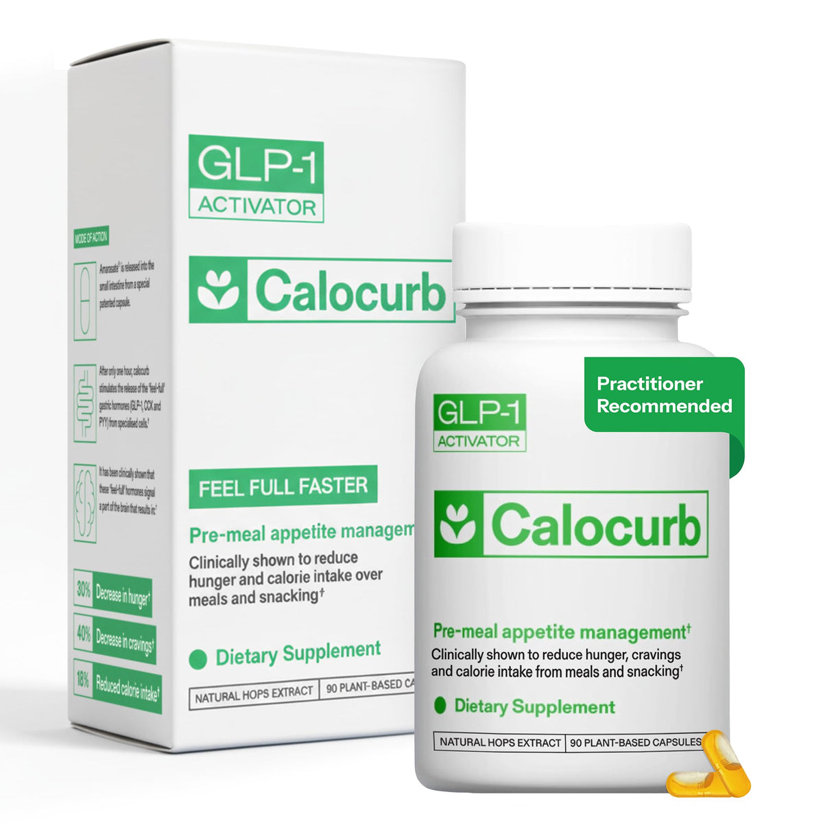Calocurb bottle front showing label and GLP-1 support for appetite control.