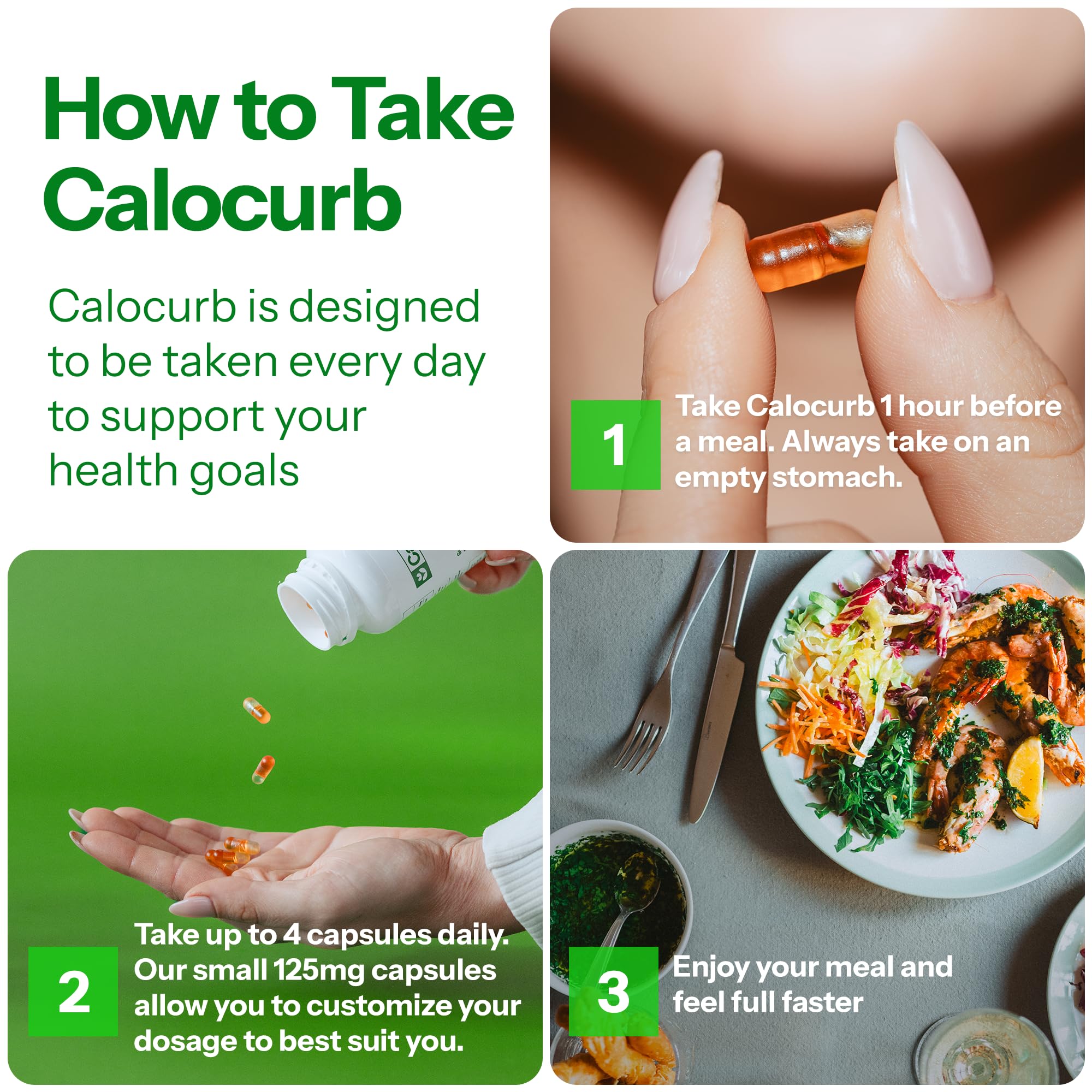 Calocurb empty-stomach timing illustration emphasizes before meals.