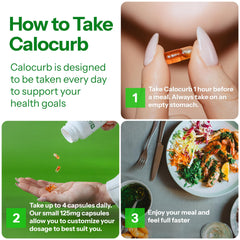 Calocurb empty-stomach timing illustration emphasizes before meals.