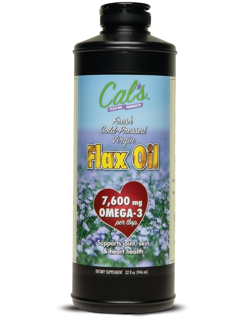 Cal's Flax Oil bottle with opaque cap protects freshness for daily omega-3 use.