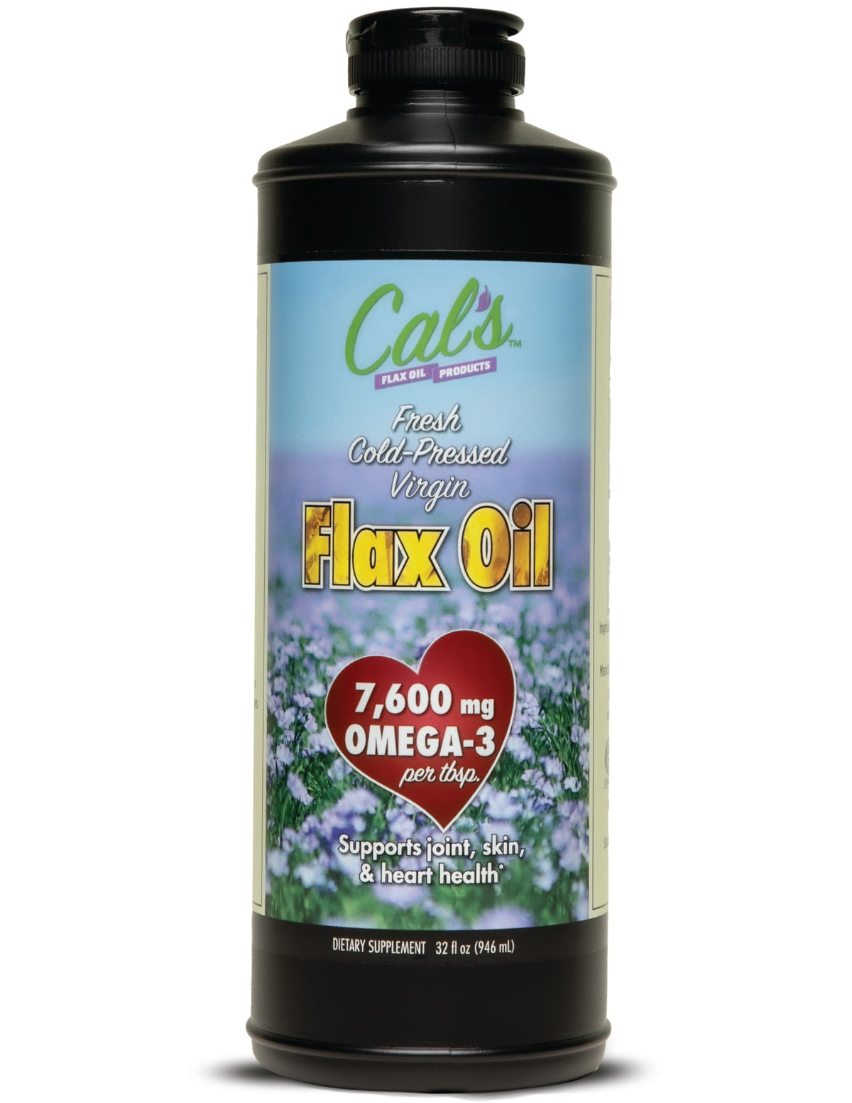 Cal's Flax Oil bottle with opaque cap protects freshness for daily omega-3 use.