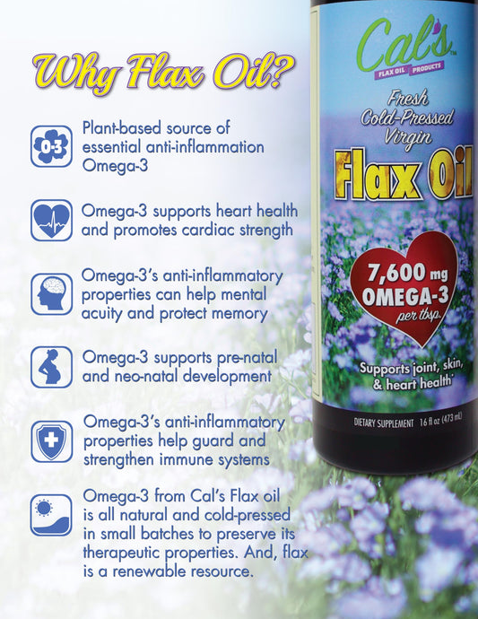 Cal's Flax Oil bottle pouring oil for easy daily use in meals.