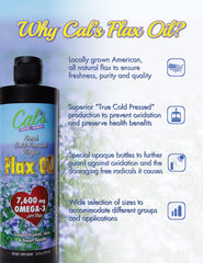 Cal's Flax Oil bottle side view on a counter for pantry-ready storage.