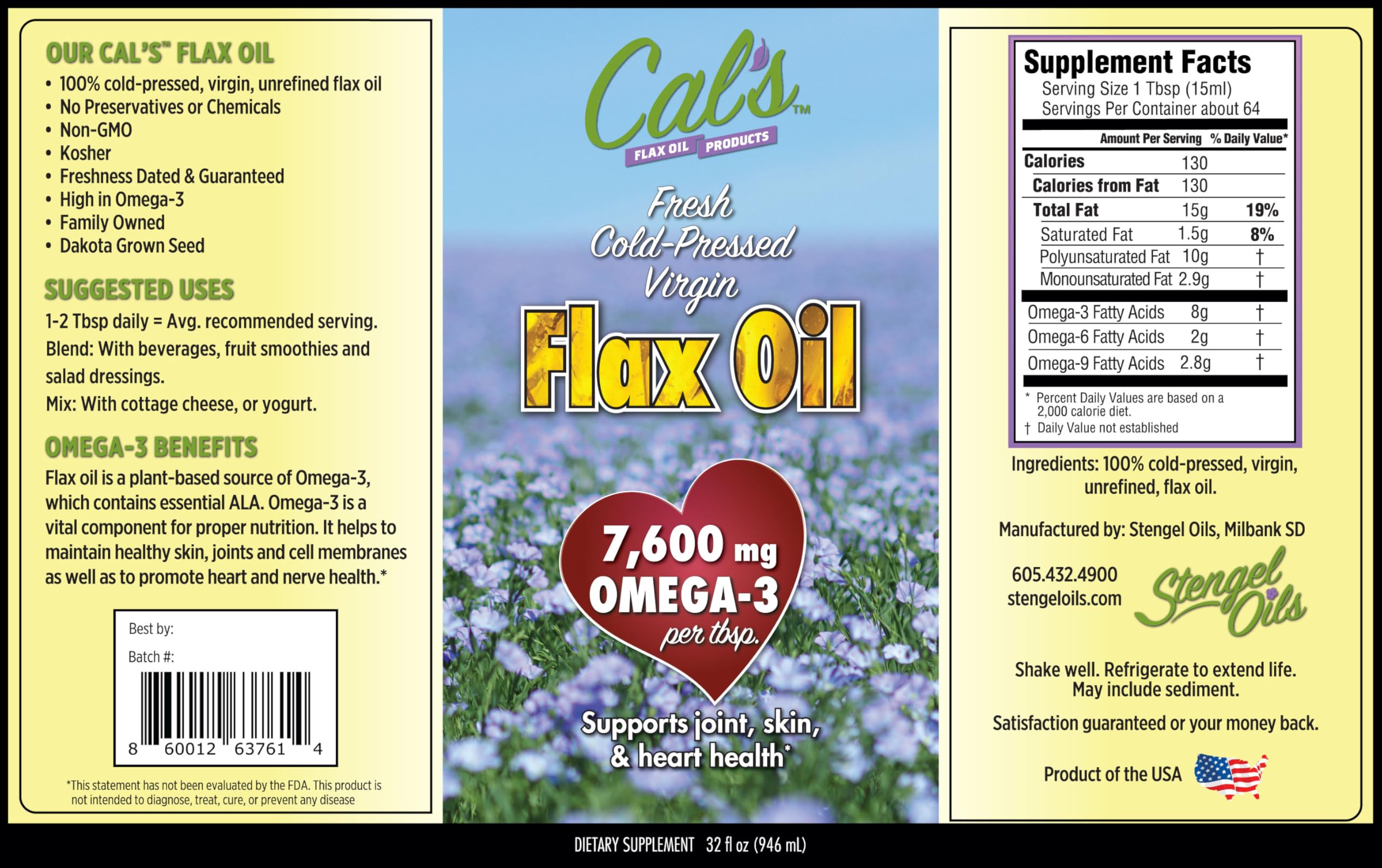 Cal's Flax Oil daily-use shot highlights omega-3 enrichment in routines.