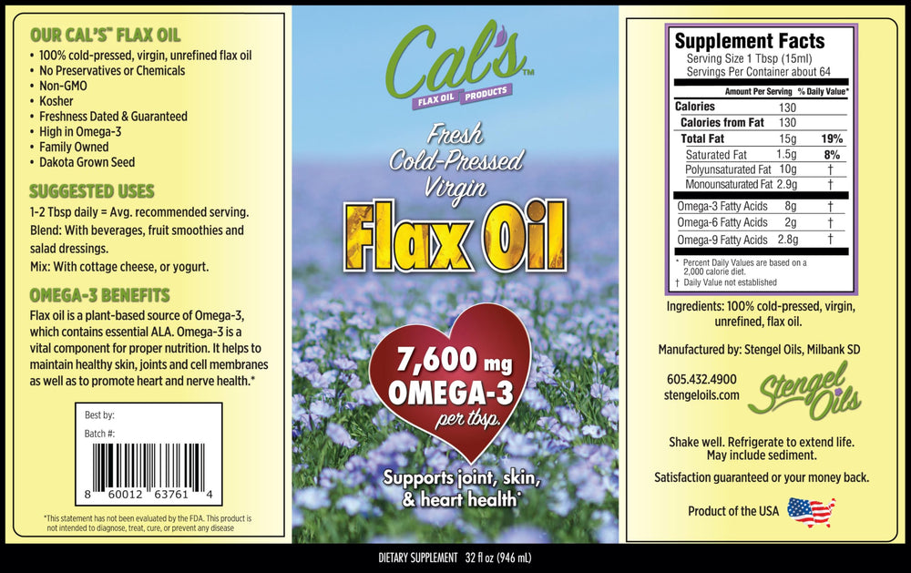 Cal's Flax Oil daily-use shot highlights omega-3 enrichment in routines.