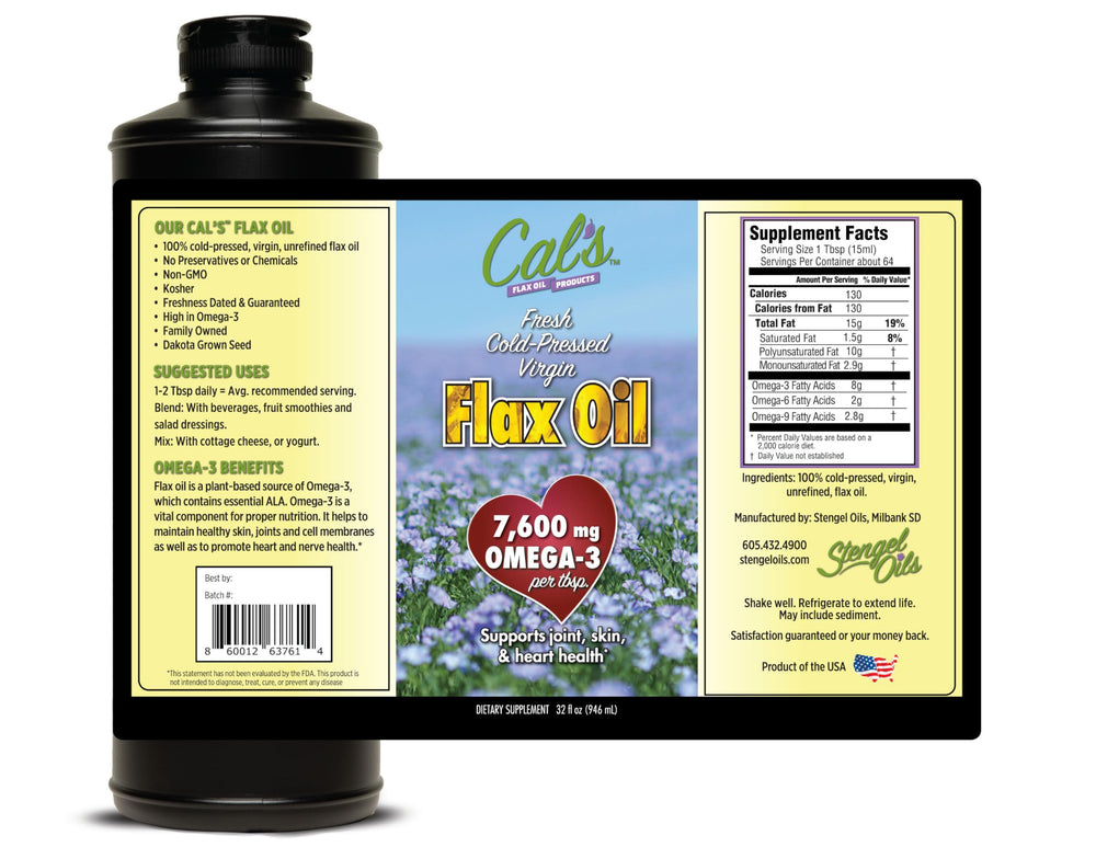 Cal's Flax Oil in the kitchen suggests adding to salads and dressings.