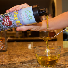 Cal's Flax Oil label close-up shows non-GMO and gluten-free quality.