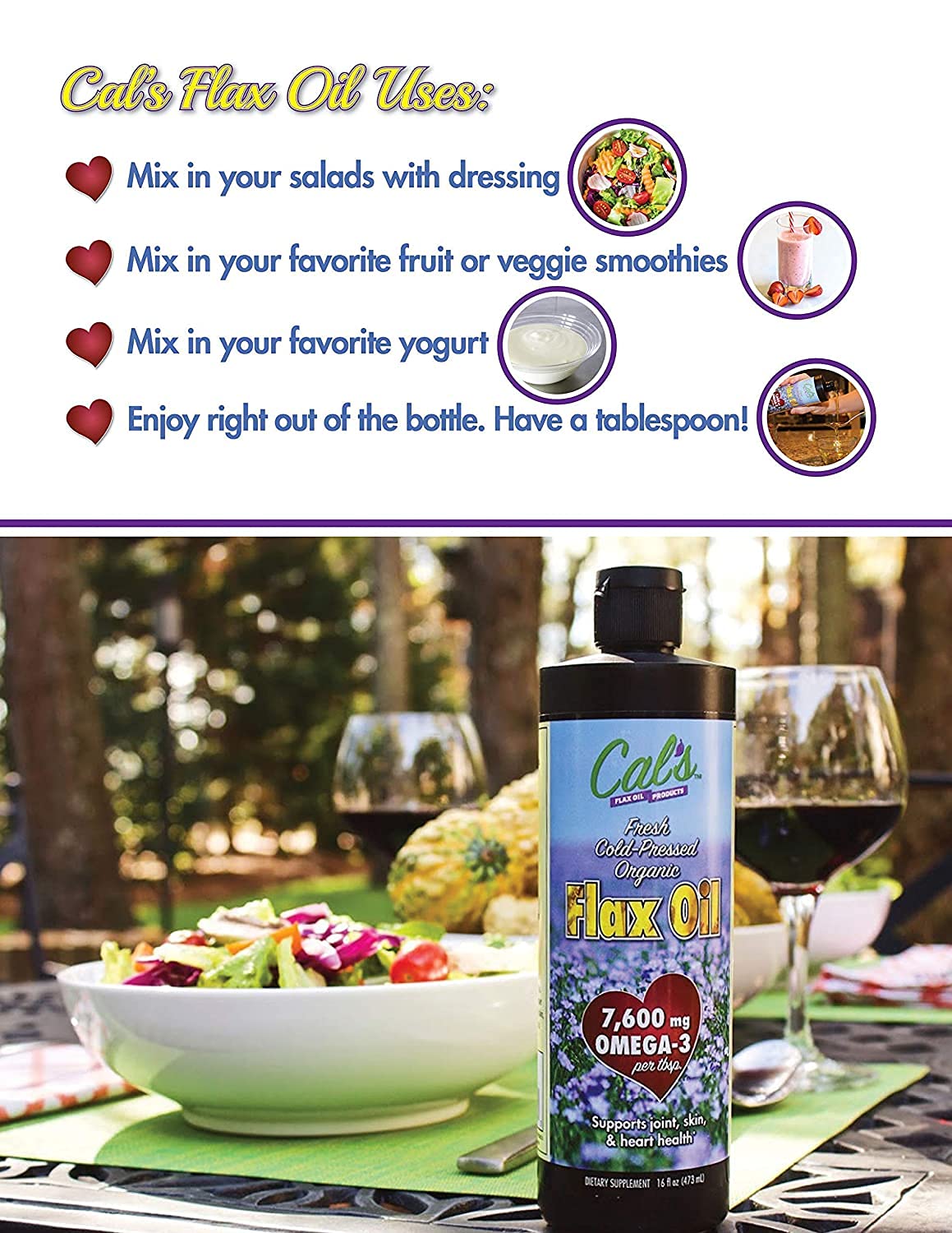 Cal's Flax Oil opaque bottle packaging shields from light and air.