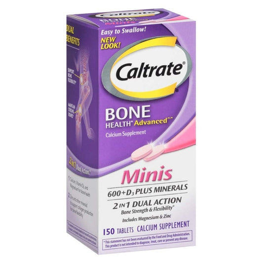 Caltrate 600+D3 Plus Minerals mini-tablet bottle front view for daily calcium and D3 support