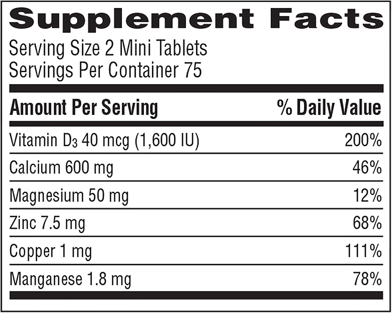 Caltrate Minis bottle label on packaging showing ingredients and dosage information.