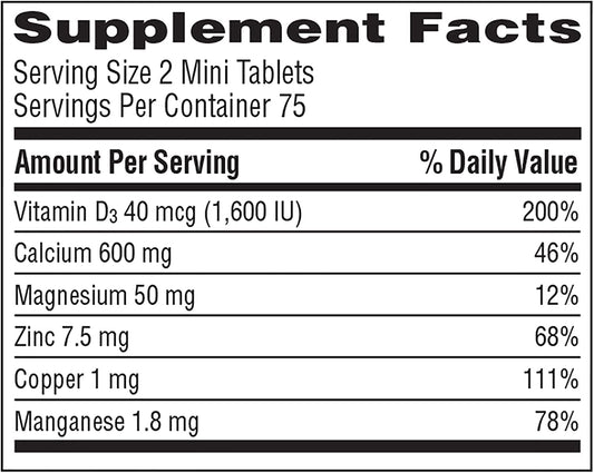 Caltrate Minis bottle label on packaging showing ingredients and dosage information.