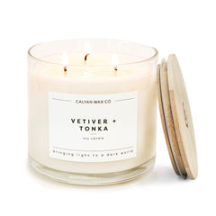 Calyan Wax Co Vetiver & Tonka 3 Wick candle in a 14.9oz jar for immersive fragrance.