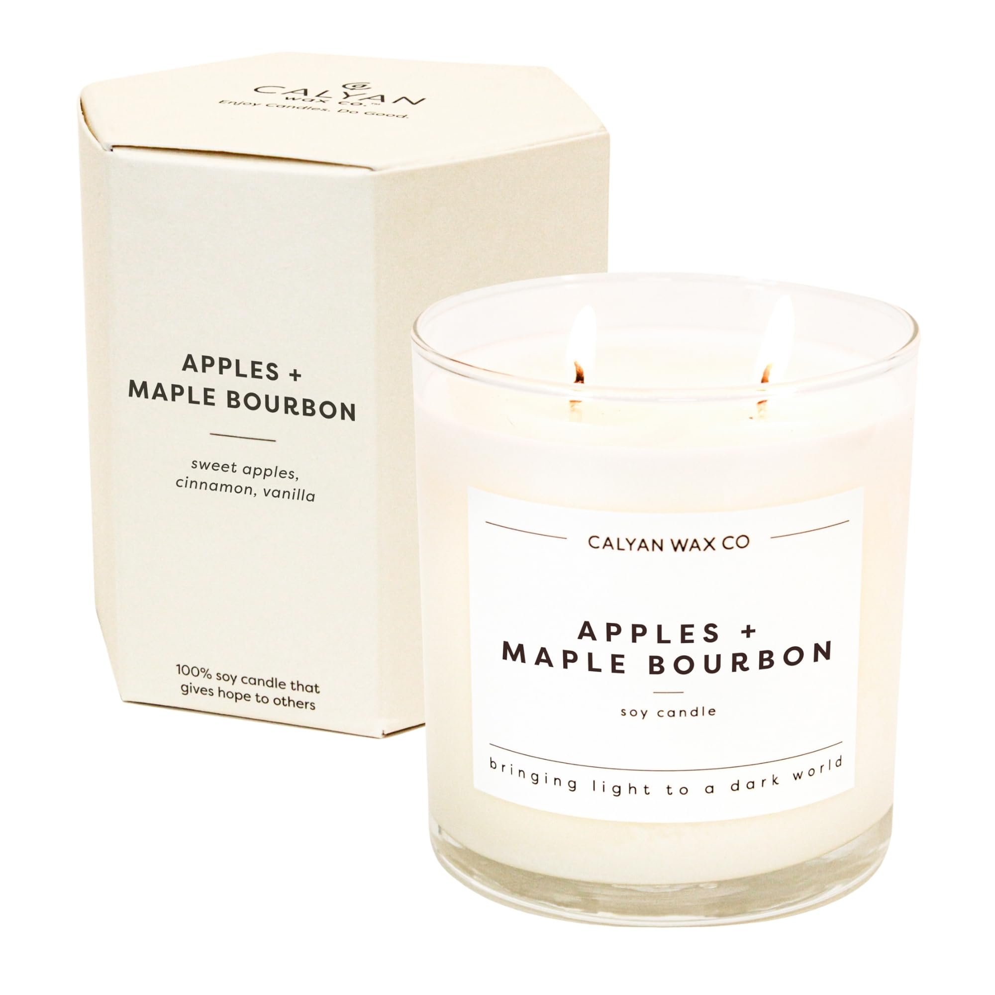 Calyan Wax Co Apples & Maple Bourbon 2-Wick candle for cozy, gourmand ambiance.