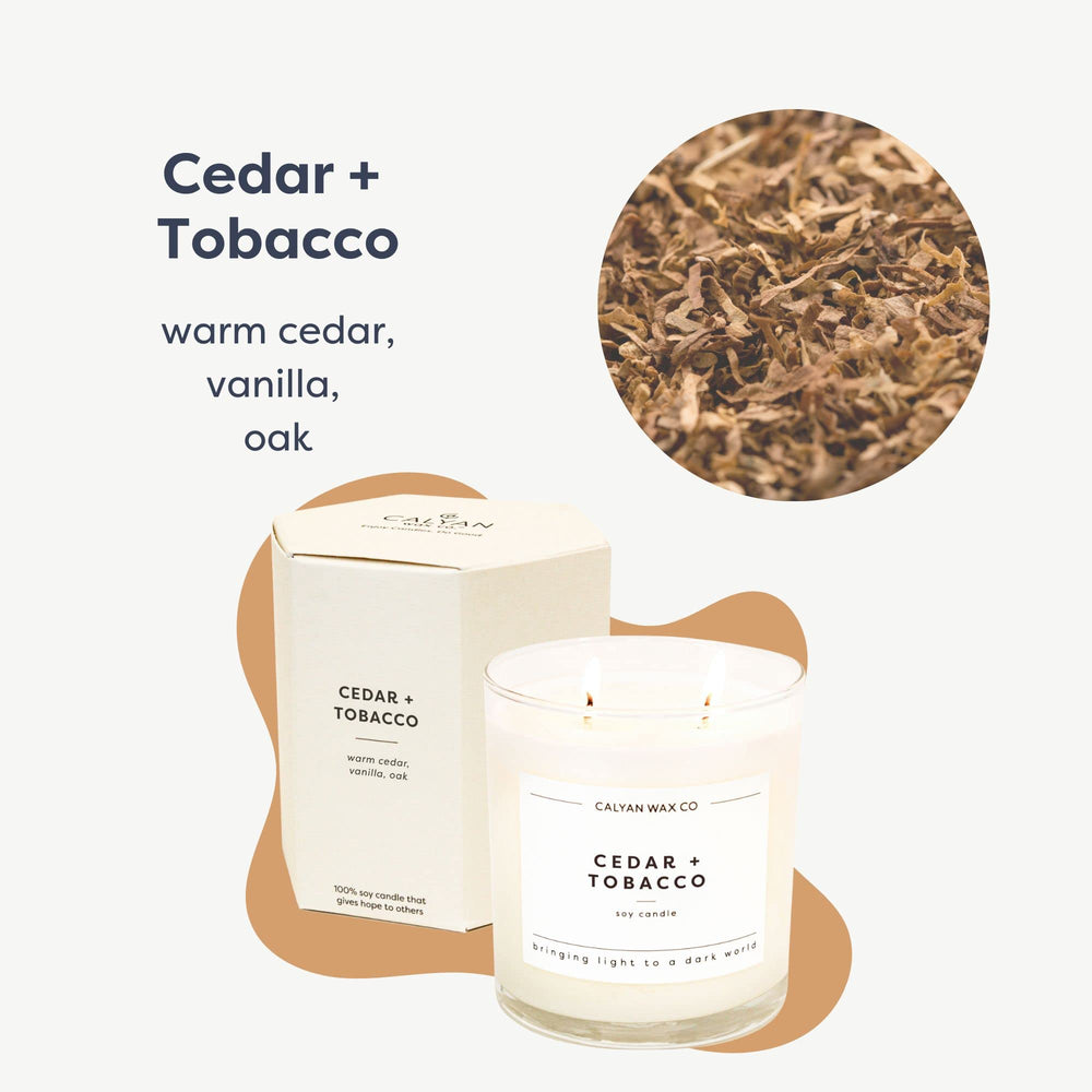 Calyan Wax Co Cedar & Tobacco candle close-up on the glass jar