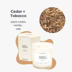 Calyan Wax Co Cedar & Tobacco candle close-up on the glass jar