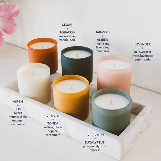 Calyan Wax Co. Aspen & Fog candle close-up with inviting aroma