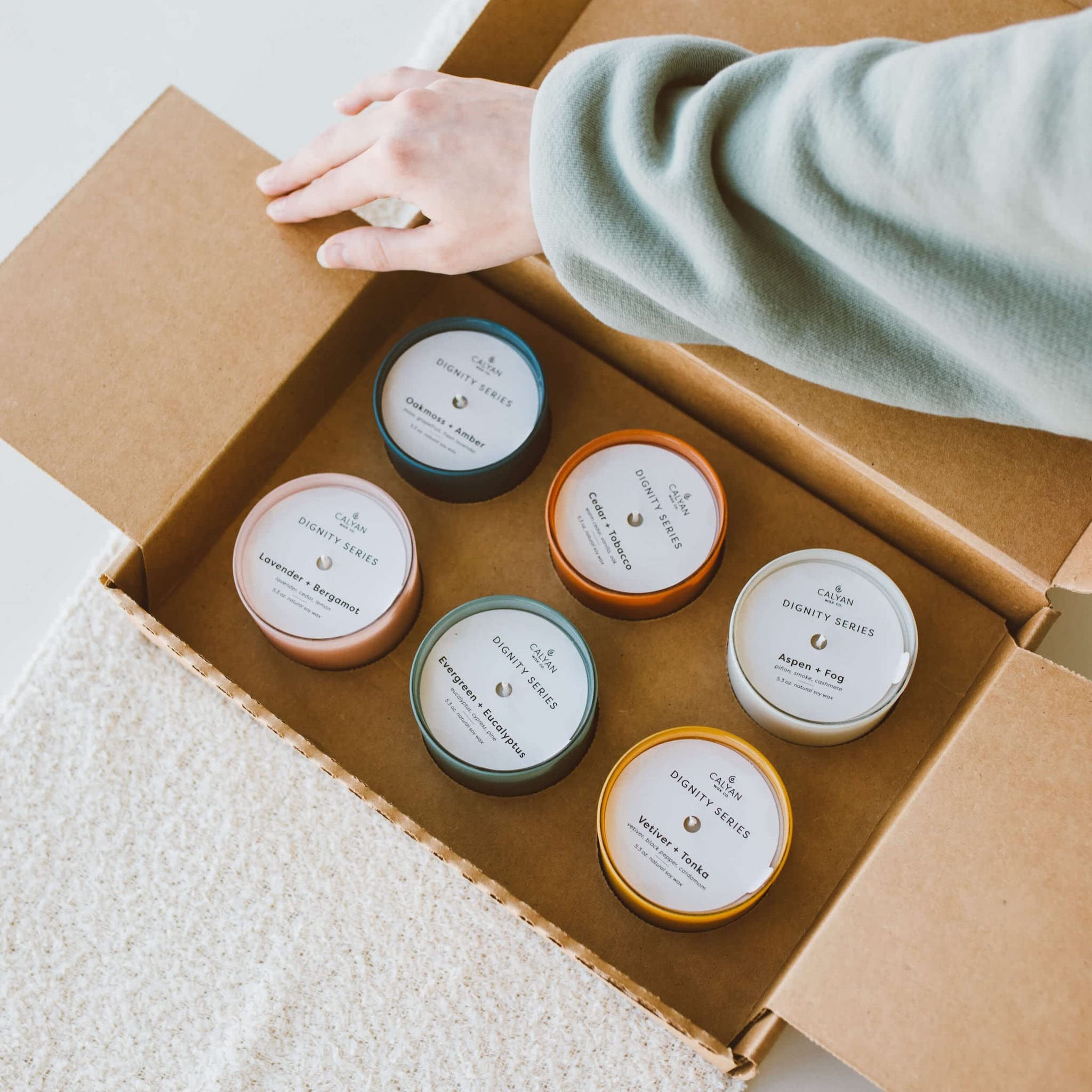 Calyan Wax Co. Cedar & Tobacco candle warm, cozy mood