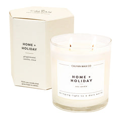 Calyan Wax Co. Home & Holiday 2-Wick jar front view, creates warm living room ambiance.